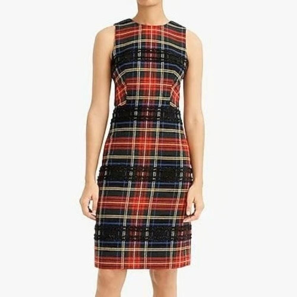 J.Crew Holiday Tartan Sheath Shift Dress Sleeveless Tweed Lace Red Plaid Size 8 - Picture 3 of 16